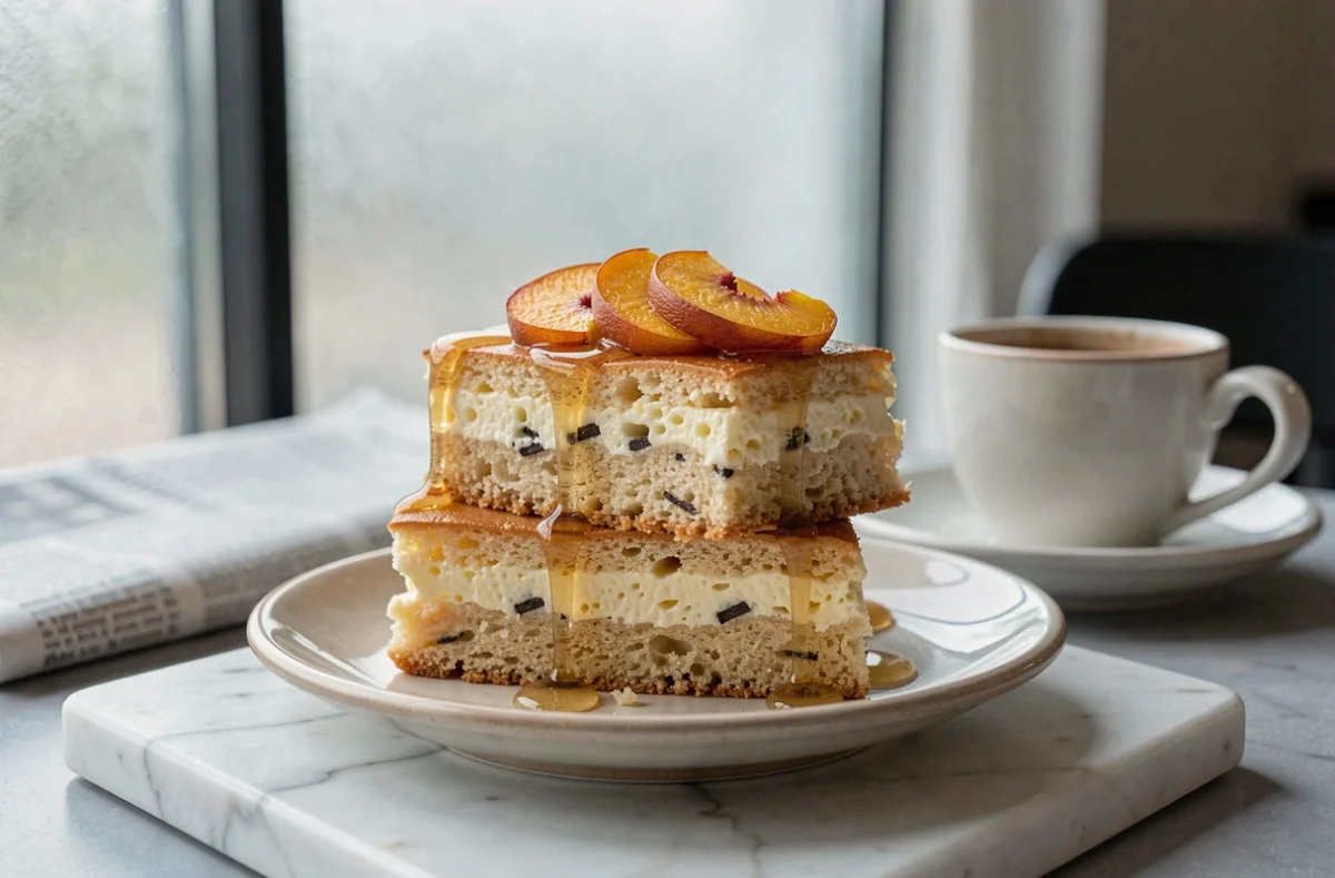 Tranches de gâteau aux œufs moelleux nappées de miel et de pêches rôties sur une planche en marbre lors d'un brunch en café