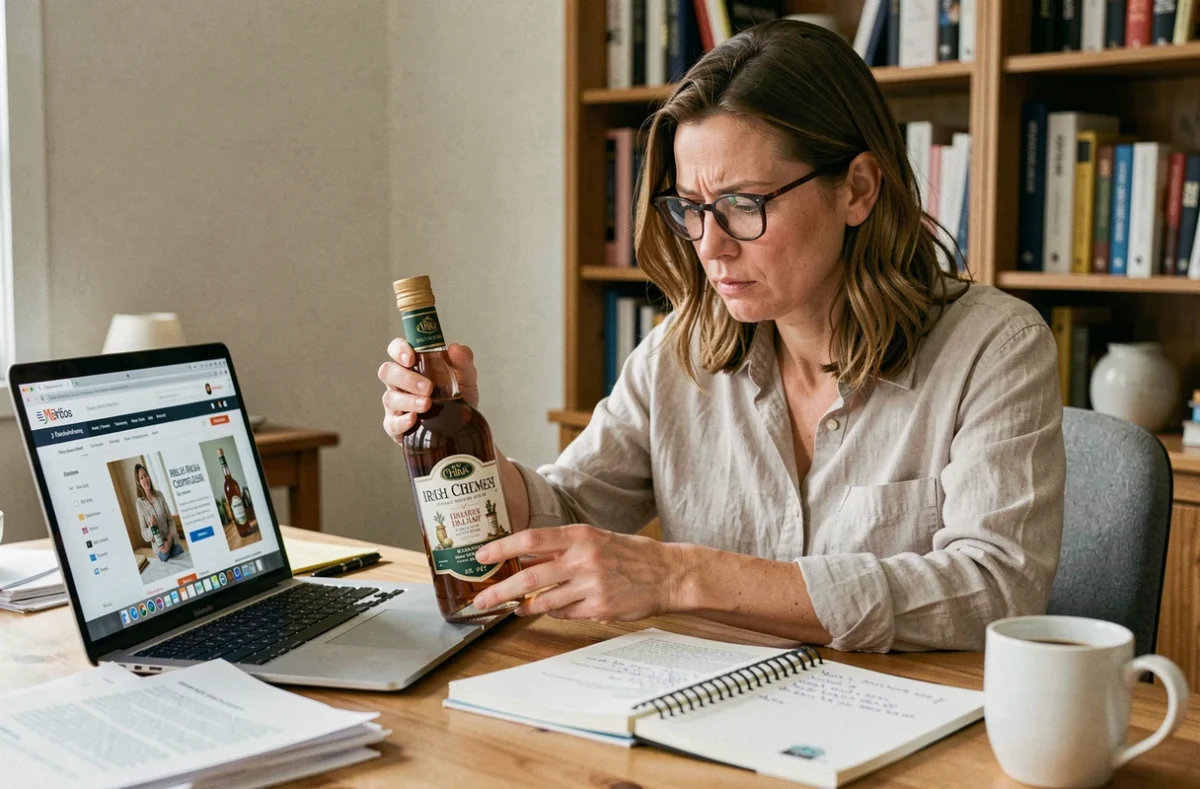 Femme vérifiant l'authenticité d'une bouteille de liqueur irlandaise en comparant avec un site de vente en ligne sur son ordinateur portable