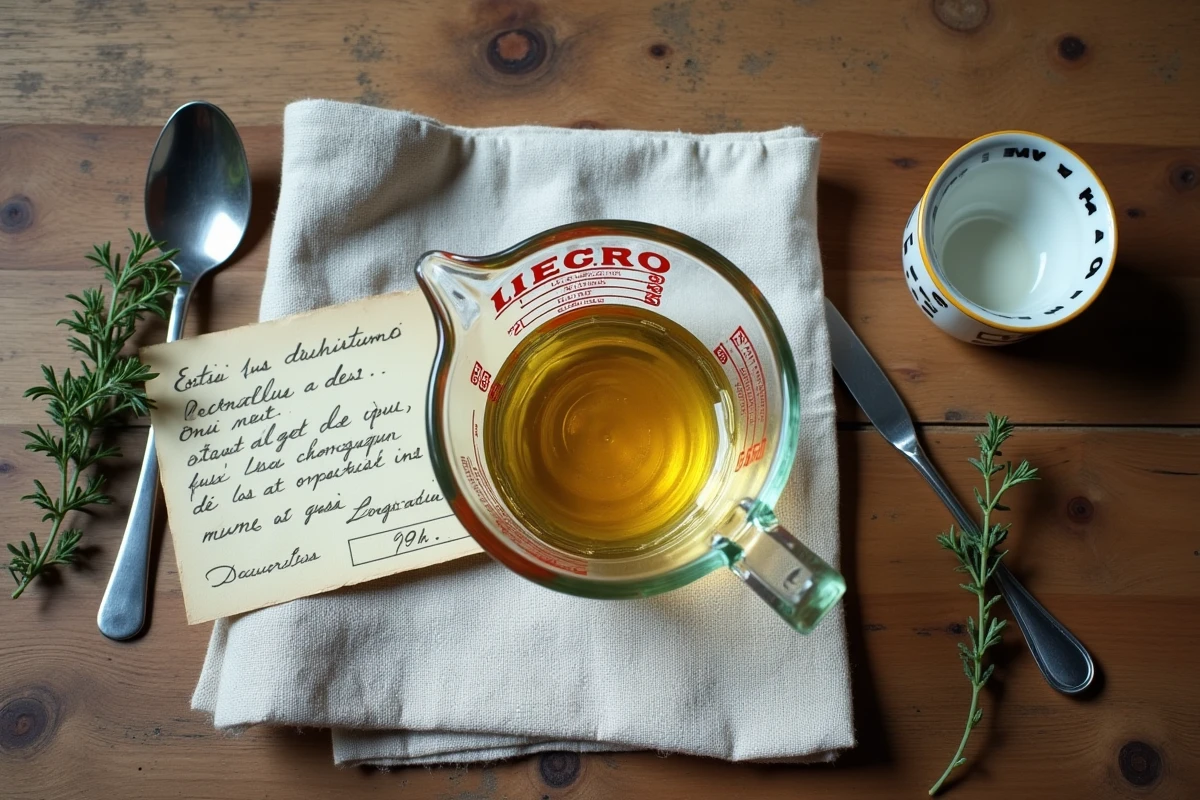 Vue de dessus d'un verre doseur avec 1 centilitre de liquide sur une nappe en lin avec une fiche de recette française