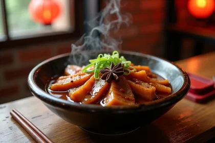 Poitrine de porc braisée chinoise hong shao rou servie dans un bol en céramique rustique, plat traditionnel préféré en Chine