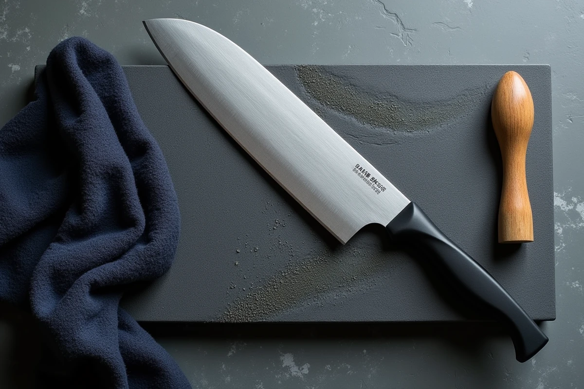 Vue aérienne d'un couteau santoku posé sur une pierre à aiguiser japonaise avec accessoires d'entretien