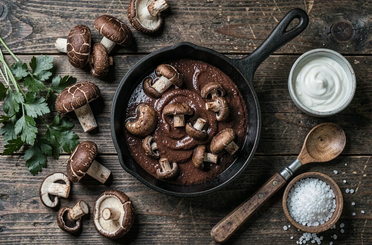 Vue aérienne d'une sauce aux cèpes dans une poêle en fonte entourée d'ingrédients frais sur une table en bois rustique